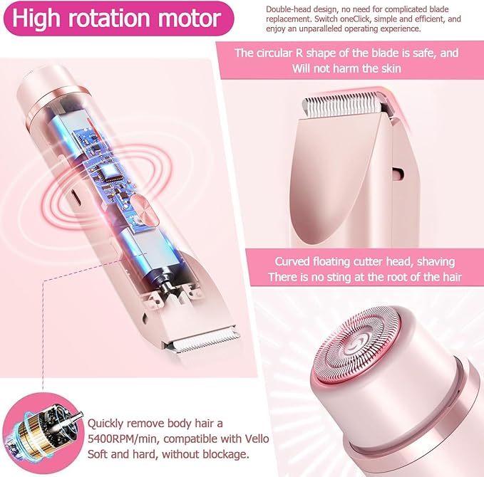 Bikini Trimmer for Women, Waterproof Bikini Shaver with Dual Head Design, Cordless Rechargeable Shaver for Women Private Area, Gentle Wet & Dry Hair Removal for Bikini Line & Underarms-Velvo Beauty