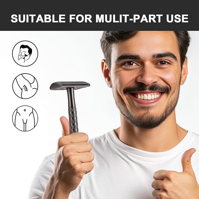 Double Edge Safety Razor for Men with Stand and Silicone Cover - Durable Metal Eco-Friendly Single Blade Safety Razor with 10 Blades - Closed Smooth Shave Matte Black-Velvo Beauty