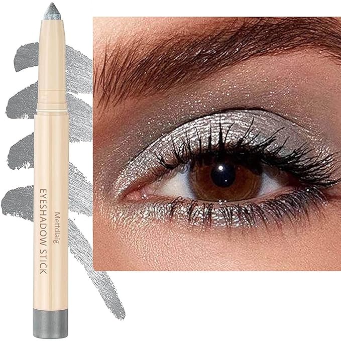 Silver Grey Cream Glitter Shimmer Eyeshadow Pencil, Waterproof Long Lasting Eye Shadow Stick High Pigment Hypoallergenic Highlighter Stick Create Multi-Dimensional Eyes Look 11#-Velvo Beauty