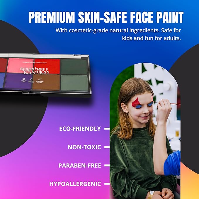 Professional Face Painting Palette - Skin Friendly Face Paint Kit - Cruelty-Free & Vegan Water Based Face Paint Makeup for Theatre, SFX & Halloween- 8 Colors 5g Each- Splashes & Spills- Regular Colors-Velvo Beauty