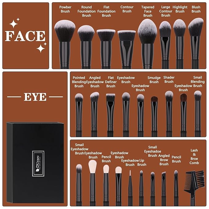 DUcare 27Pcs Makeup Brush Set Black Professional Premium Cosmetic Brushes for Foundation, Concealer, Eyeshadow, Blending, Powder, Contouring-Velvo Beauty