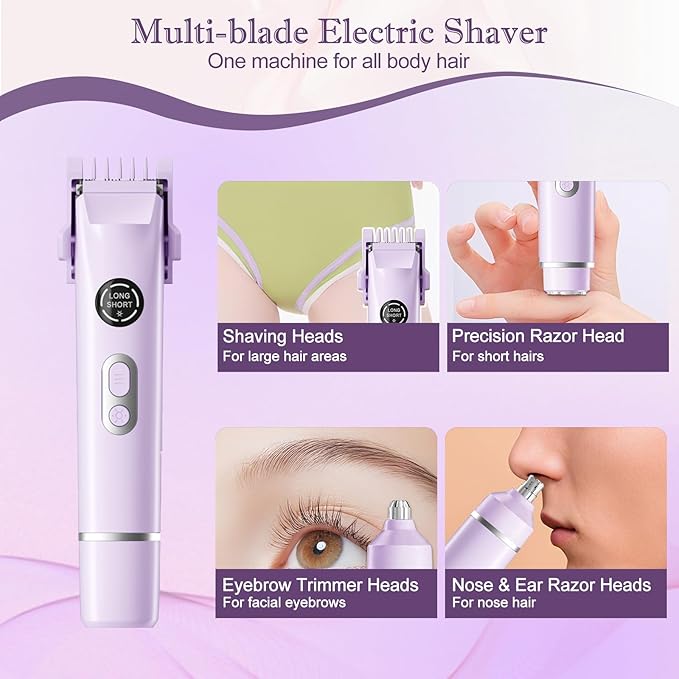 Upgrade Dermave Bikini Shaver, Dual Head 4 in 1 Bikini Trimmer for Women, IPX7 Waterproof Wet & Dry Use Electric Razor with Led Light and Display for Nose, Eyebrow, Bikini, Body (Purple)-Velvo Beauty