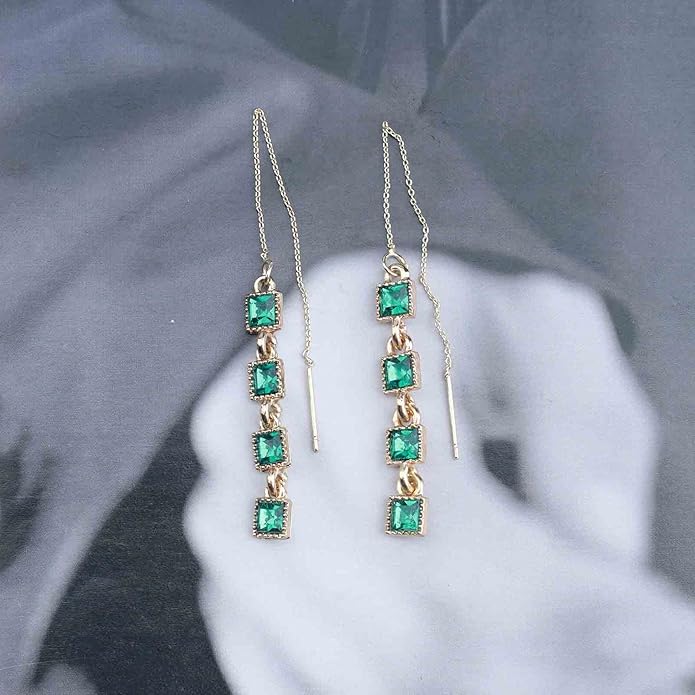 Vintage Crystal Emerald Threader Earrings Emerald Square Stud Earrings Long Chain Tassel Dangle Earrings Gold Bar Pull Through Earrings Jewelry for Women-Velvo Beauty
