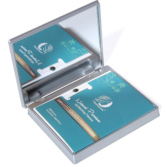 Makeup Mirror with Facial Oil Blotting Paper Sheets - Bamboo Charcoal 100 Counts, Silver Compact Folding Cosmetic Travel Mirror-Velvo Beauty