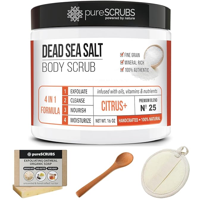 pureSCRUBS Premium Citrus Body Scrub Set - Large 16oz Dead Sea Salt Body Scrub With Infused Essential Oils & Nutrients, Includes Wooden Spoon, Loofah & Oatmeal Exfoliating Bar Soap-Velvo Beauty
