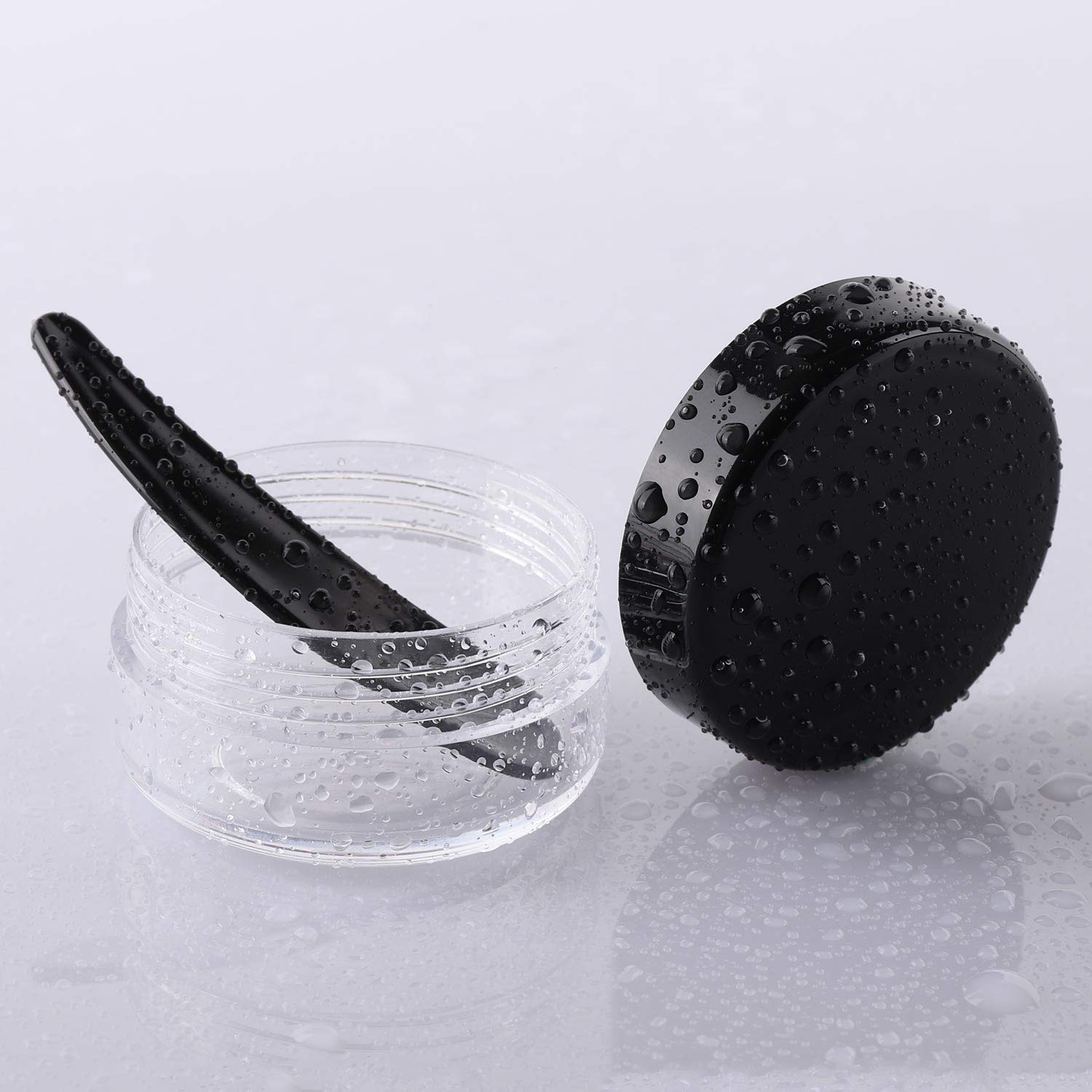 Refillable Cosmetic Sample Jars - 100 Pack 10g (0.35oz) Black Small Travel Containers with Lids + 10 Mini Makeup Spatulas - BPA Free-Velvo Beauty