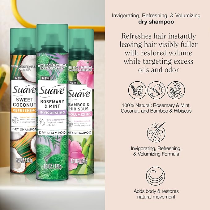 Suave+ Dry Shampoo Spray Variety 3-Pack – Invigorating Rosemary & Mint, Volumizing Bamboo & Hibiscus + Refreshing Sweet Coconut, 4.3 Oz Ea-Velvo Beauty