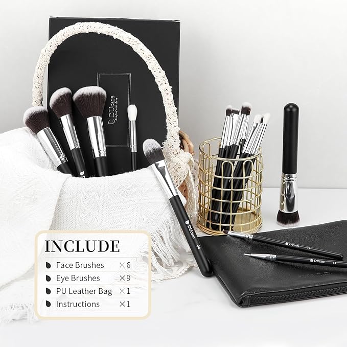 DUcare 15pcs Classic Black Makeup Brush Set with Bag Professional Soft Synthetic Foundation, Blending, Eyeshadow, Powder, Concealer Brushes for Flawless Makeup Application-Velvo Beauty