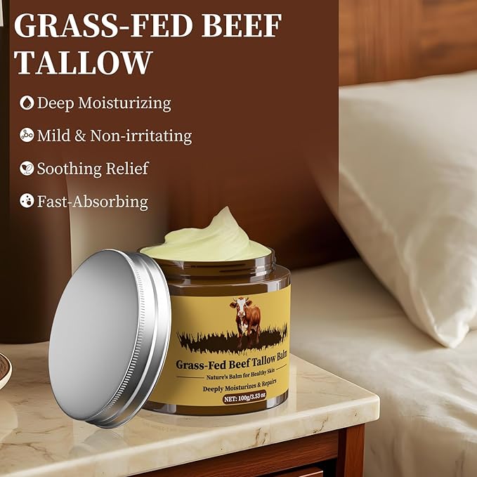 Beef Tallow for Skin, Tallow and Honey Balm, Facial Moisturizer Cream, 100% Organic Grass Fed Whipped Beef Tallow Balm Deeply Moisturizing for Face & Body, Suitable For All Skin Types(3.53oz)-Velvo Beauty