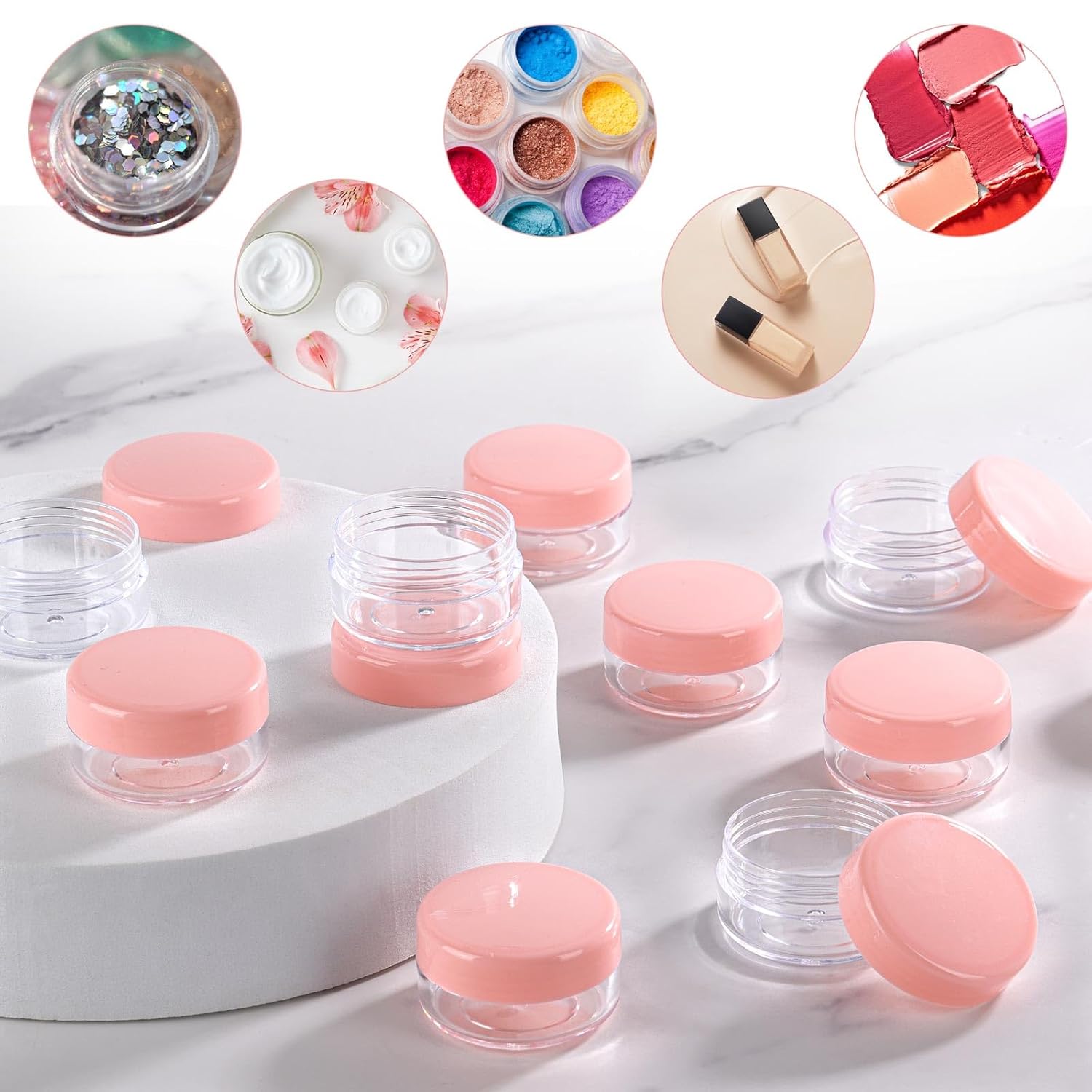 100 Count Sample Containers with Lids, 10 Gram Small Plastic Makeup Jars Lip Scrub Cosmetic Container - Pink-Velvo Beauty