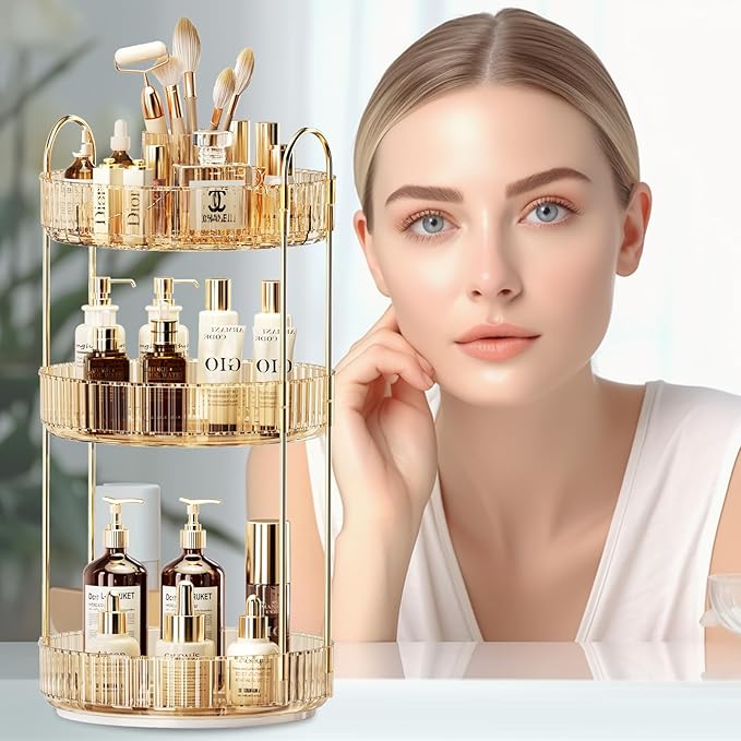 360° Rotating Makeup Organizer, Large-Capacity Skincare Make Up Storage 3 Tier Perfume Organizers Cosmetic Dresser Organizer with Makeup Brush Holder, Fits Bedroom, Bathroom, Vanity Shelf Countertop-Velvo Beauty
