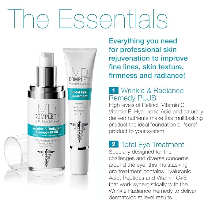 MD Complete Eye Wrinkle Duo | Professional Dermatologist Skin Rejuvenation | includes Wrinkle & Radiance Remedy PLUS with Retinol and Total Eye Treatment with Hyaluronic Acid and Peptides | Set of Two-Velvo Beauty