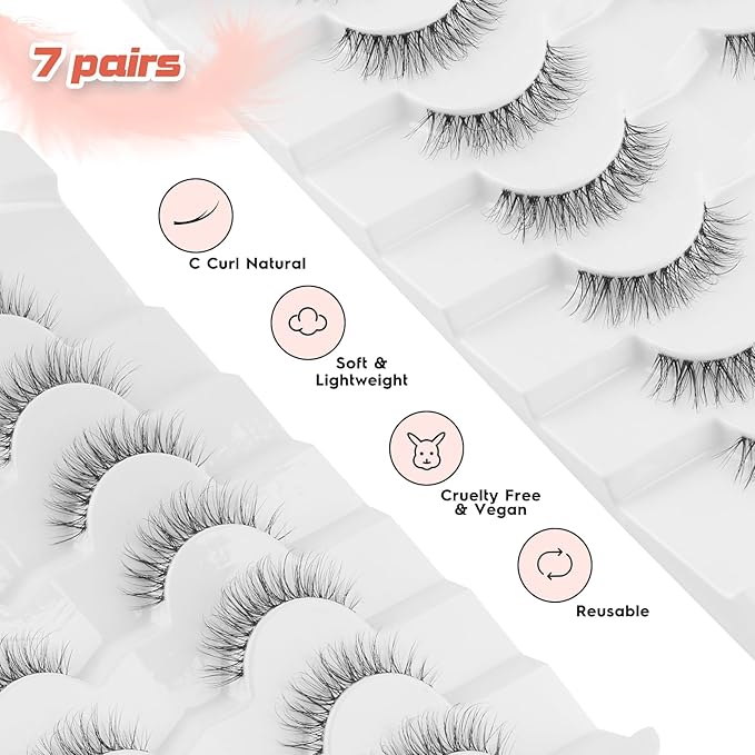 Natural Lashes False Eyelashes 12 MM Short Lashes WIspy 3D Volume Fake Eyelashes Pack C Curl Soft Eye Lash with Thin Cotton Band 7 Pair False Lashes Siligli-Velvo Beauty
