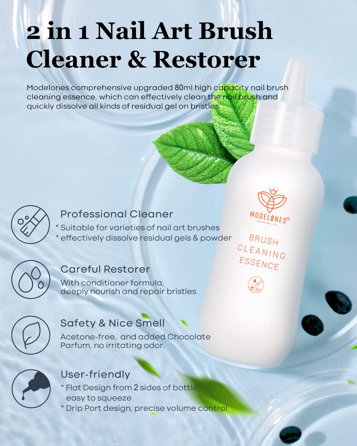 Modelones Nail Art Brush Cleaner & Restorer for Nail Polish/Extension Gel/Solid Builder Gel/Dip Powder/Acrylic Manicure Kits DIY Salon at Home - 80ml, W/Pro Brush-Velvo Beauty