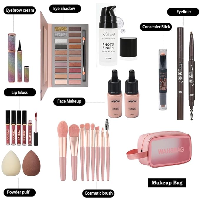 All in One Makeup Kit, Includes 20 Colors Eyeshadow Palette, RUIGPRO Foundation & Face Primer, Makeup Brush, Makeup Sponge, Eyebrow Soap, Winged Eyeliner Stamp, Gift Set for Women, Girls & Teens-Velvo Beauty