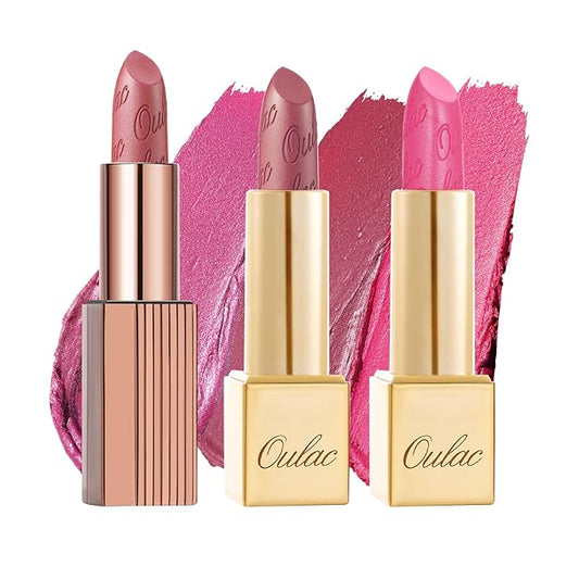 Oulac Metallic Pink Lipstick Set 3PCS, Comfortable Creamy Texture, Smooth No Grainy Feeling, Vegan & Gluten Free, Full-Coverage Lip Makeup, 3 X 4.3 g, 602+01+17-Velvo Beauty