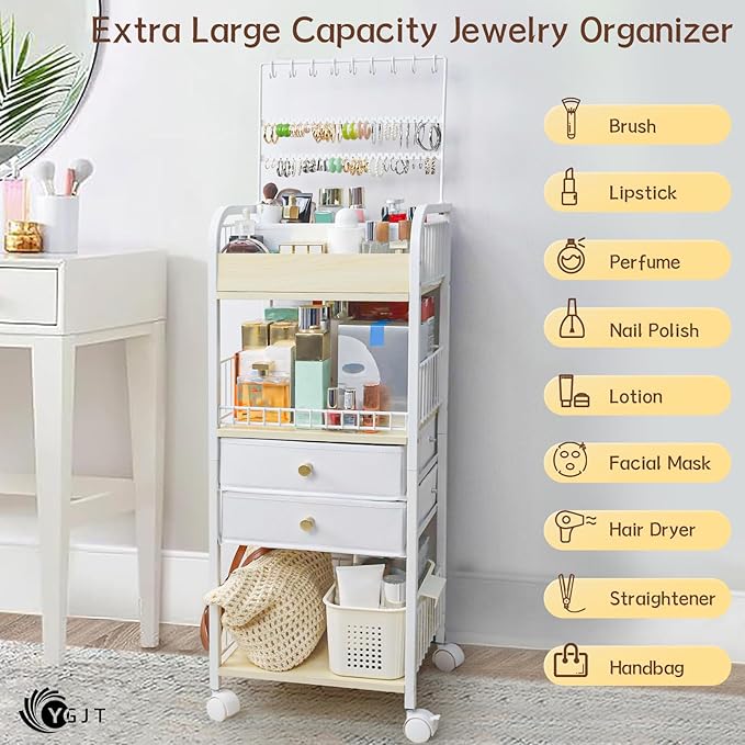 YGJT Makeup Organizer, Floor Skincare Cosmetics Organizer with Drawers, Jewelry Organizers and Storage for Earring Necklace, Vanity Organizer for Skin Care Perfume Makeup Brush Nail Polish Hair Tool-Velvo Beauty