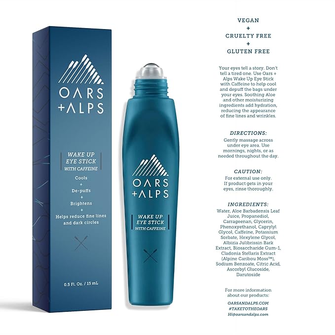 Oars + Alps Wake Up Eye Roller and Eye Depuffer, Dermatologist Tested Skin Care Infused with Caffeine and Aloe Vera, TSA Friendly, 0.5 Oz, 2 Pack-Velvo Beauty