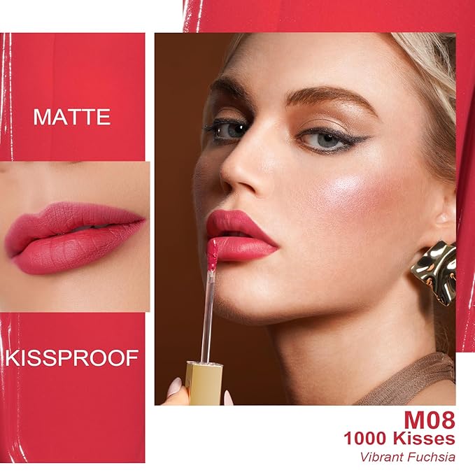 Oulac Matte Liquid Red Lipstick for Women, Long Lasting Lipstick Waterproof Lip Stain, No Transfer, Creamy High Pigmented Formula with Rose Oil, Vegan & Cruelty-Free, Light Red M08-Velvo Beauty