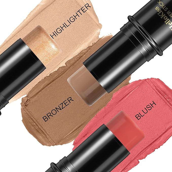 3 Pcs Face Contour Stick Kit, Matte Finish Face Stick Trio with Bronzer Blush Highlighter and Brush, Long Lasting Waterproof Cream Beauty Wand Makeup Set for Sculpt Glowing Face Look (#4, 10, 14)-Velvo Beauty