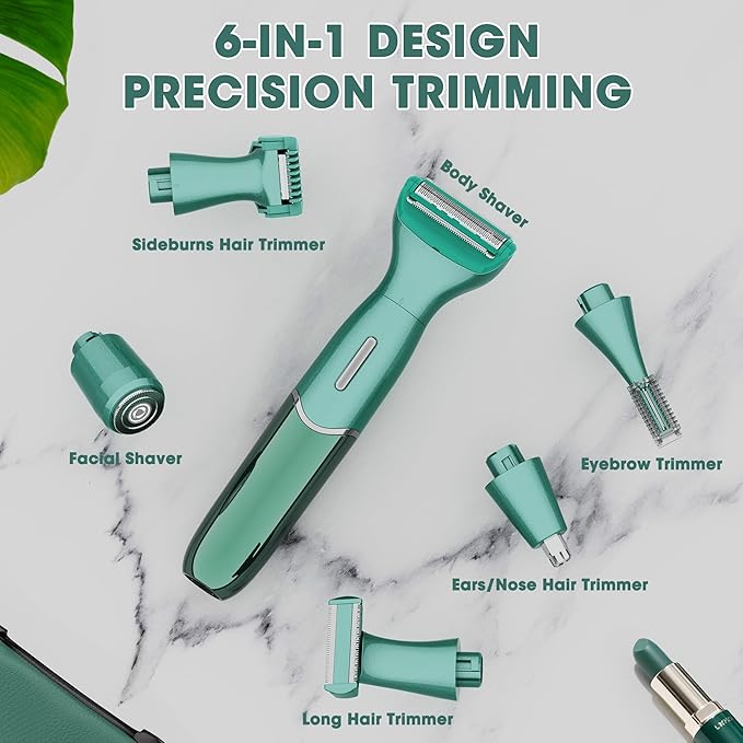 Karrte 6-in-1 Electric Razor for Women's Pubic Hair, Painless Body Shaver and Facial Epilator, Hair Removal for Face, Bikini Trimmer for Women's Private Area Green-Velvo Beauty