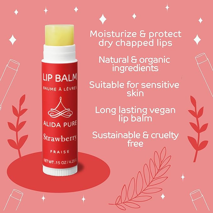 Strawberry Lip Balm Collection, Vegan Lip Balm Set, Beeswax Free, with Avocado Oil, Organic Jojoba Oil, and Vitamin E, Natural Moisturizer for Dry, Chapped Lips, 3 Tube Set-Velvo Beauty