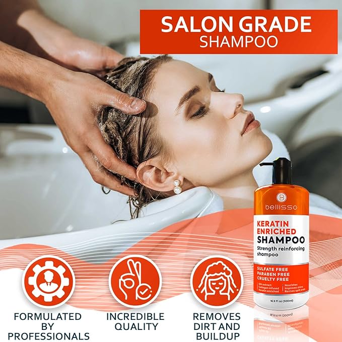 Keratin Enriched Shampoo - Sulfate and Paraben Free - Anti Frizz Treatment for Women and Men – Professional Salon Grade Repair Formula with Silk Protein for Dry, Frizzy Damaged and Color Treated Hair-Velvo Beauty