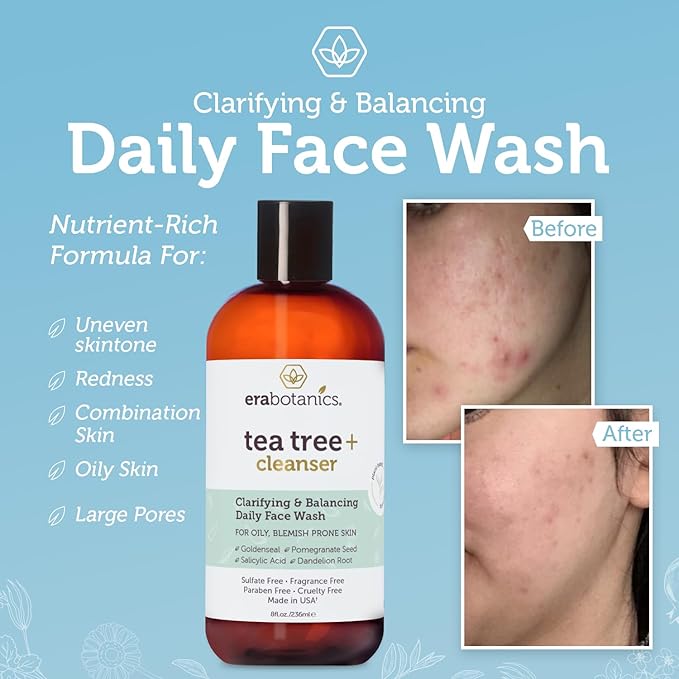 Era Organics Purifying Tea Tree Oil Face Wash - Balancing Cleanser for Oily, Blemish-Prone Skin with Salicylic Acid - Sulfate-Free, Fragrance Free, Made in USA-Velvo Beauty