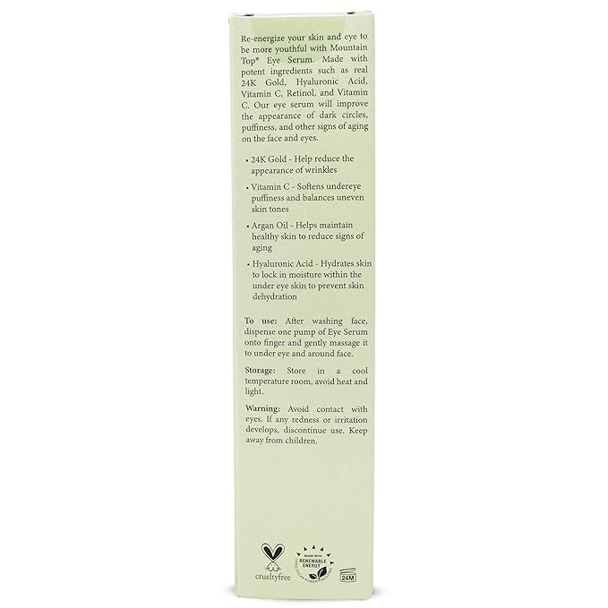 MOUNTAIN TOP Eye Serum Infused with 24K Gold, Vitamin C, Argan Oil, Hyaluronic Acid - For a Tighter Lift and Reduction in Appearance of Wrinkles, Fine Lines, and Dark Circles (1.7oz)-Velvo Beauty