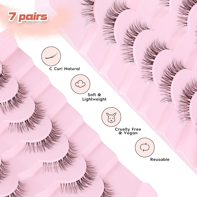 Eyelashes Natural False Lashes 14mm Eye Lashes with Thin Band 3D Volume Fake Eyelashes C Curl Wispy Lashes Natural Look 7 Pair-Velvo Beauty