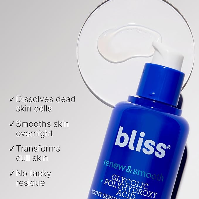 Bliss Glycolic + Polyhydroxy Acid Renew & Smooth - Night Serum - Gently Exfoliate Skin - Hydrating Squalane - Vegan & Cruelty-Free - 1 Fl Oz-Velvo Beauty
