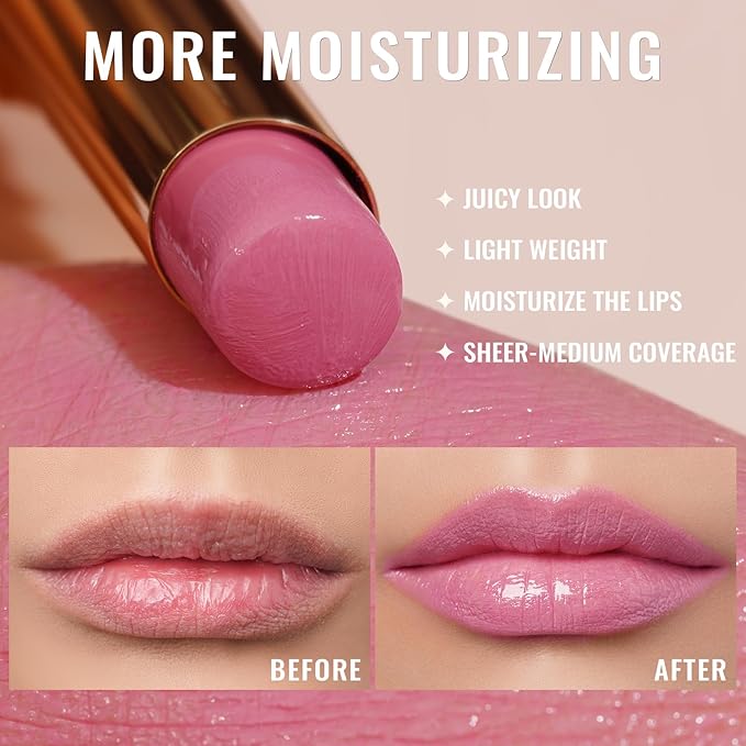 Oulac Warm Pink Shine Lipstick - Moisturizing Lip Stick Glossy Tinted Lip Balm, Sheer Shine Juicy Finish, Lightweight and Hydrating Formula for Dry Lip Care, Vegan 2.2g/0.07oz (07)-Velvo Beauty