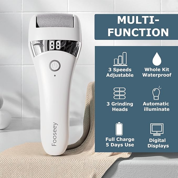 Upgraded Electric Foot Callues Remover, Portable Electric Foot Files with 3 Heads, Rechargeable Feet File for Foot Care, Waterproof Deadskin Remover, Pedicure Tool for Dry and Crack Feet-Velvo Beauty