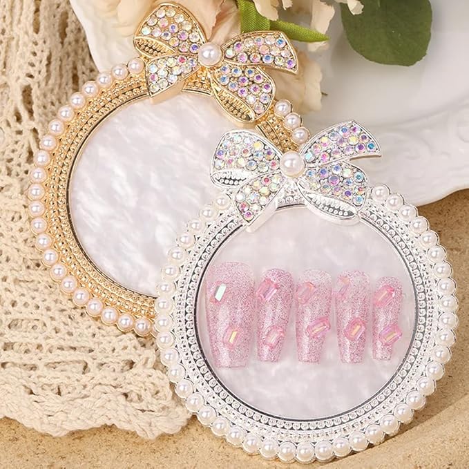 2 Pack Bow with Rhinestones Pearl Nail Art Palette Nail Polish Art Painting Mixing Palette Holder Pearl Edge Professional Cosmetic Nail Art Tools for Women and Girls Nail Polish Display-Velvo Beauty
