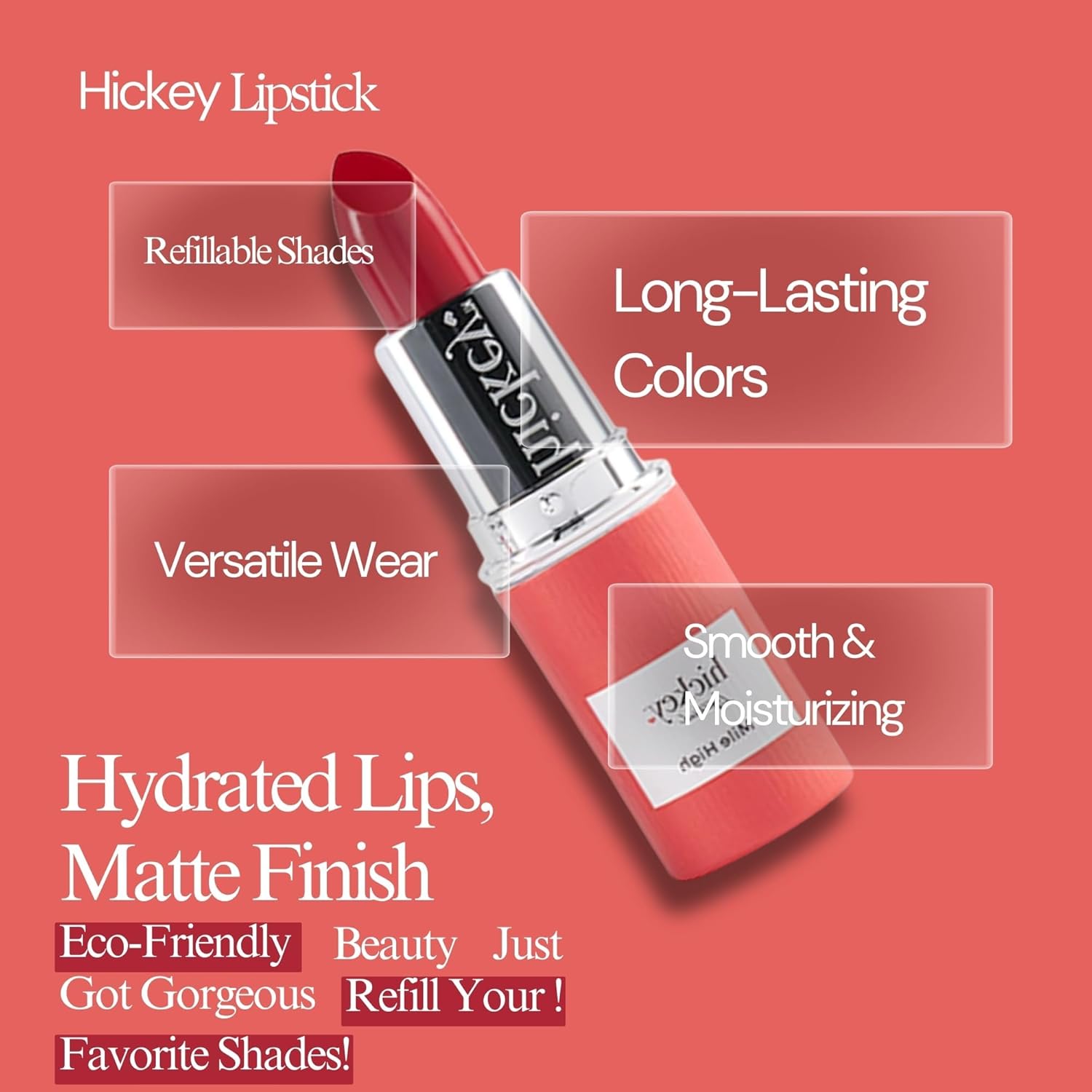 Hickey Lipstick Mile High Organic Perfect Red Lipstick Refill - Long Lasting Lipstick for Women - Hydrating & Moisturizing Shade, Best Lip Color for Women, Gluten-Free & Vegan with Highly Pigmented-Velvo Beauty
