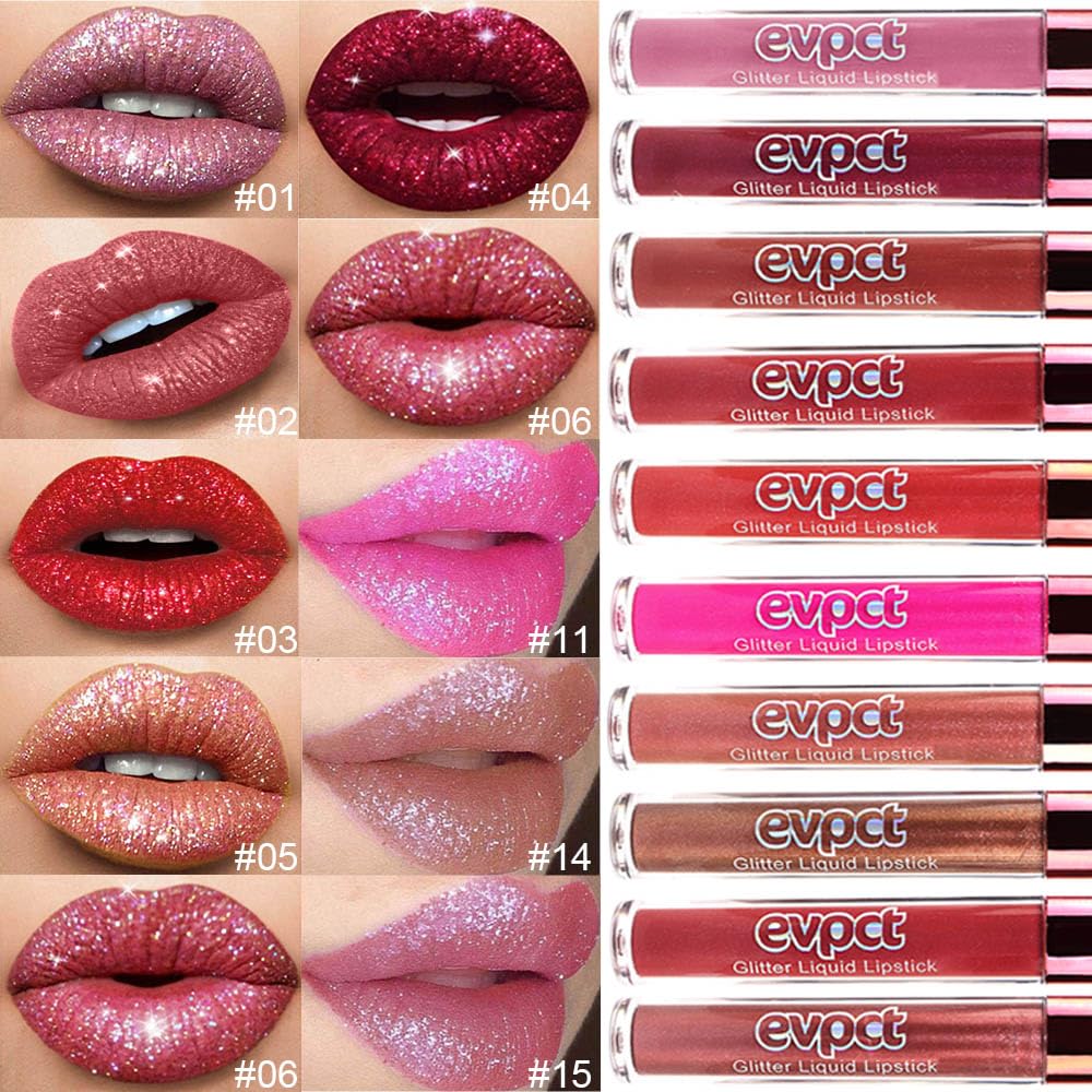 evpct 2Pcs Ruby Red Rose Pink Matte to Glitter Liquid Lipstick Set Kit for Women Long Lasting Glossy Metallic Shimmer Sparkle Lipstick Lip Gloss 3+11-Velvo Beauty