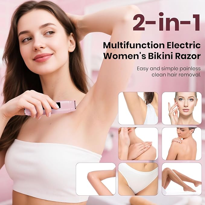 Bikini Trimmer for Women,IPX7 Waterproof Painless Electric Razors for Trip,Portable&Easy Cleaning Lady Underarm Pubic Leg Arm Body Face,Electric Shaver for Travel&Shower Use,Gifts for Women,Pink-Velvo Beauty