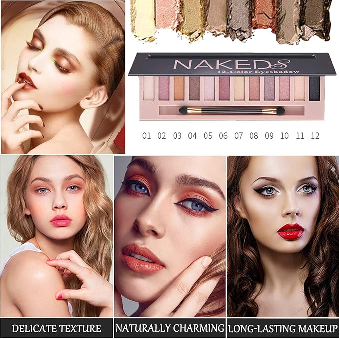 2 Pcs 12 Colors Eye Shadow Palette,Nude Matte Smokey Shimmer Glitter Eyeshadow Palette,Blendable Rich Colors,Waterproof Beauty Makeup Palette Kit with Double-Ended Makeup Brush(A+B)-Velvo Beauty
