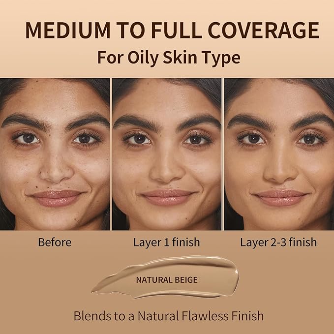 FV Full Coverage Liquid Foundation Makeup, Long Lasting Matte Foundation with Flawless Finish, Concealing & Minimizing Pores, Oil Control Waterproof for Oily Combination Skin, 1 Fl. Oz (Natural Beige)-Velvo Beauty