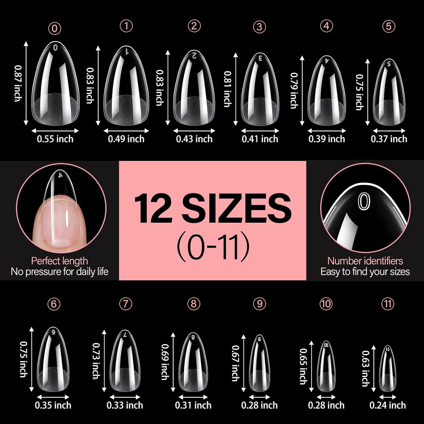 AILLSA Medium Almond Nail Tips Gel Half Matte Acrylic Nail Tips Clear Gelly Full Cover Pre-Filed Press on Nail tips Fake Nails For Extentions Manicure Salon Home DIY 216PCS 12 Sizes-Velvo Beauty