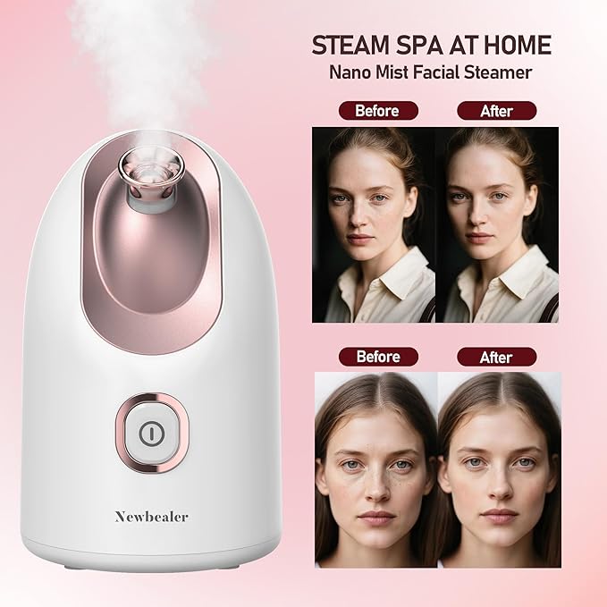 Newbealer Facial Steamer, Mini Aroma Face Steamer, Nano Ionic Hot Mist Face Humidifier for Facial Deep Cleaning, Home Sauna Spa Sprayer with 9 Pieces Acne Remover Kit (White-Gold, 160 ML)-Velvo Beauty