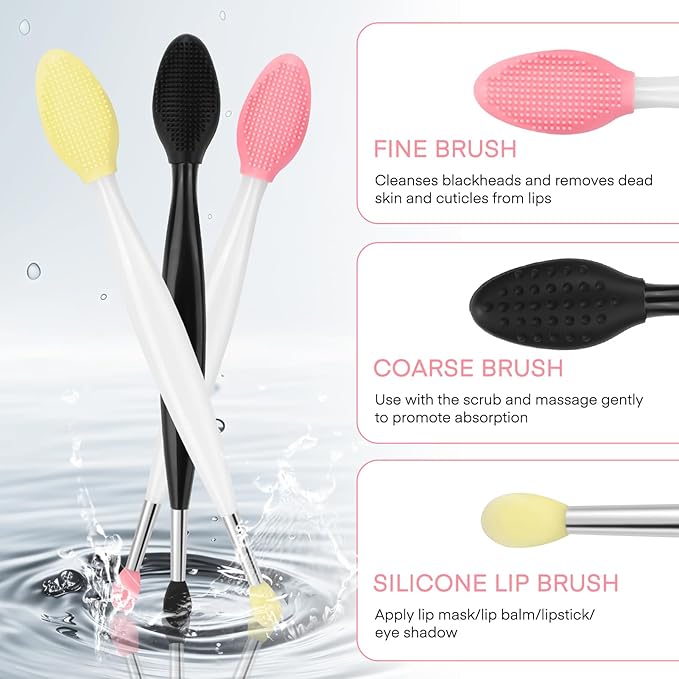 Unaone Lip Scrub Brush - 3 PCS Dual-ended Lip Scrubber Exfoliator and Silicone Lip Brush, 2-in-1 Silicone Lip Scrub Tool Lip Mask Applicator, Gentle Exfoliator & Applicator for Soft-Velvo Beauty