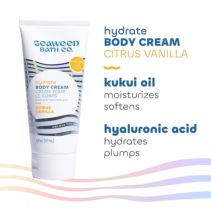 Seaweed Bath Co. Hydrate Body Cream, Citrus Vanilla Scent, 6 Ounce, Nourishing Hand & Body Lotion Moisturizer for Dry Skin, with Sustainably Harvested Seaweed, Kukui Oil, Hyaluronic Acid, Shea Butter-Velvo Beauty