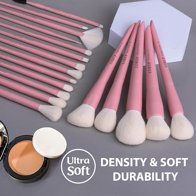 LORYP Makeup Brushes Set Labeled 18 Piece Face and Eye Brush Set Ultra soft hair Foundation, Concealer, Blush, Contour, Blending, Eyeshadow Pink Brush kit-Velvo Beauty