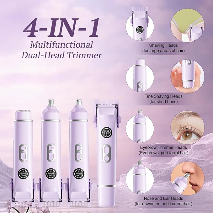 Bikini Trimmer for Women, 4 in 1 Wet/Dry Electric Razors for Women - Dual Head, Painless Rechargeable Portable Womens Razors for Shaving Set for Face, Nose, Eyebrows, Armpits, Bikini Area (Purple)-Velvo Beauty