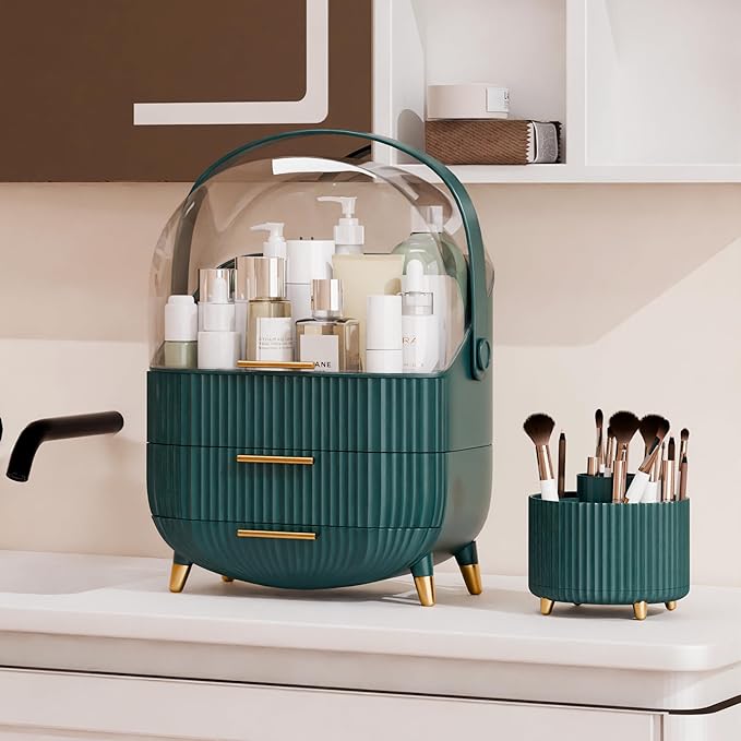Makeup Organizers and Storage Make up Organizer for Vanity Cosmetics Skincare With Lid and Drawers Display Cases for Countertop Bathroom Women Teenager Girl Gifts(Dark Green+Brush Holder)-Velvo Beauty