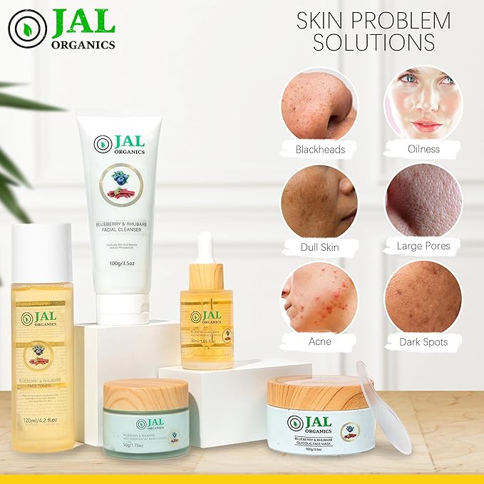 5 in 1 Blueberry & Rhubarb Korean Skin Care Set, Face Moisturizer, Glycolic Clay Face Mask, Serum, Cleanser & Toner for All Skin Types, Anti Aging Skin Care Sets & Kits, Facial Routine Kit for Women-Velvo Beauty