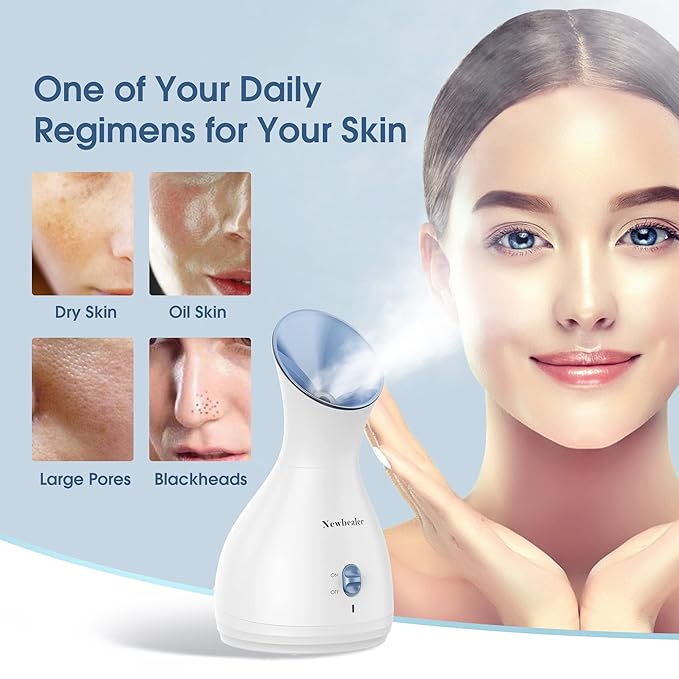 Newbealer 2in1 Facial Steamer, Hot Mist Facial Aromatherapy Humidifier Atomizer, Large Face Steamer Unclogs Pores Sinuses Moisturizing, Home Sauna Spa with Eyebrow Set (Blue, 170ml)-Velvo Beauty
