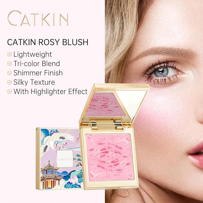 CATKIN Powder Blush for Cheek Blusher Natural Shimmering Blush & Highlight 2 in 1 Creamy Blendable Baked Blush Palette 10g C01 Drunk in Blossom-Velvo Beauty