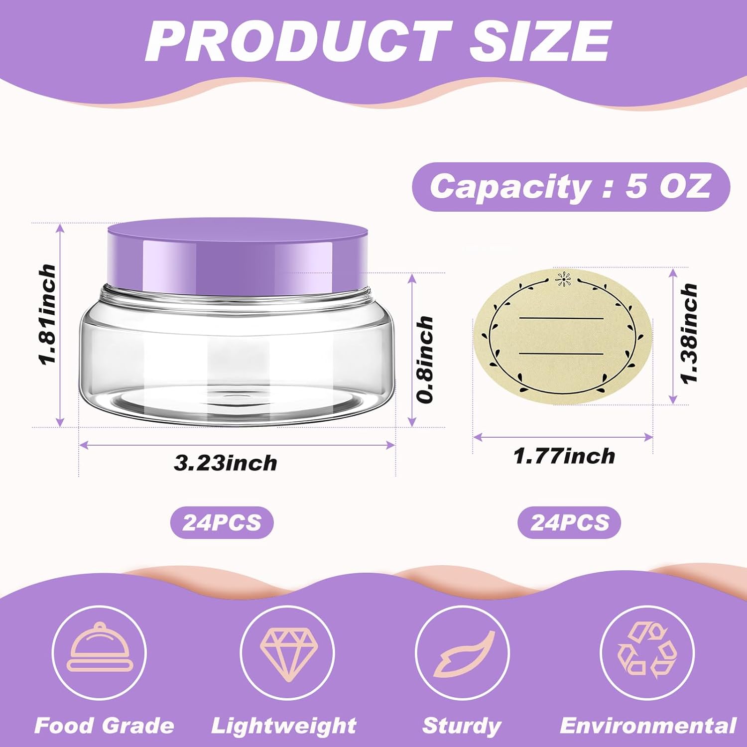 Tessco 24 Pack Plastic Jars with Lids Labels Empty Clear Plastic Jars Round Refillable Cosmetic Containers Body Butter Containers Bulk Sugar Scrub Bottle for Make Up(5 oz,Clear, Purple)-Velvo Beauty